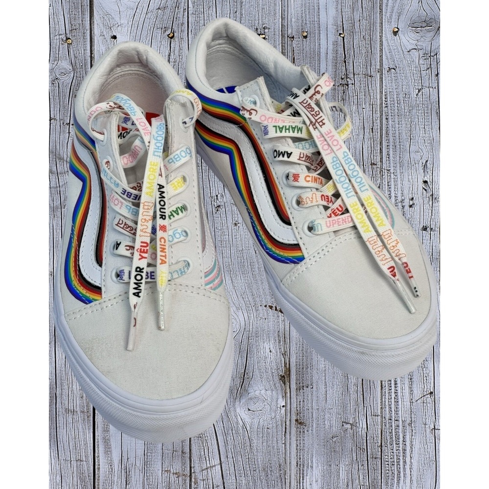 Vans Old Skool Peace Sneakers White With Rainbows Colors/Love M-6 W-7.5